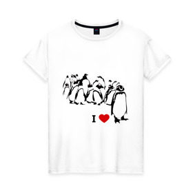 Женская футболка хлопок с принтом Я люблю пингвинов в Санкт-Петербурге, 100% хлопок | прямой крой, круглый вырез горловины, длина до линии бедер, слегка спущенное плечо | i love | penguin | птицы | сердце