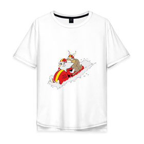 Мужская футболка хлопок Oversize с принтом Санта с оленем в Санкт-Петербурге, 100% хлопок | свободный крой, круглый ворот, “спинка” длиннее передней части | new year | дед | дед мороз | нг | олень | санта | санта клаус