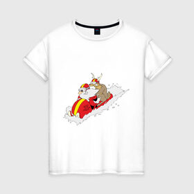 Женская футболка хлопок с принтом Санта с оленем в Санкт-Петербурге, 100% хлопок | прямой крой, круглый вырез горловины, длина до линии бедер, слегка спущенное плечо | new year | дед | дед мороз | нг | олень | санта | санта клаус