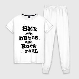 Женская пижама хлопок с принтом Sex and drugs and rock n roll (2) в Санкт-Петербурге, 100% хлопок | брюки и футболка прямого кроя, без карманов, на брюках мягкая резинка на поясе и по низу штанин | Тематика изображения на принте: drugs | rock | rocknroll | рок | рок н ролл | рокролл