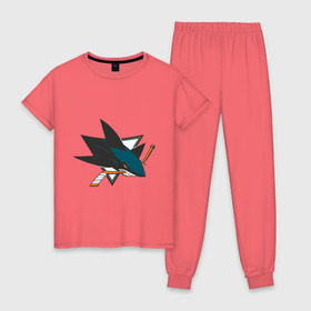Женская пижама хлопок с принтом San Jose Sharks в Санкт-Петербурге, 100% хлопок | брюки и футболка прямого кроя, без карманов, на брюках мягкая резинка на поясе и по низу штанин | национальная хоккейная лига | нхл | сан хосе шаркс