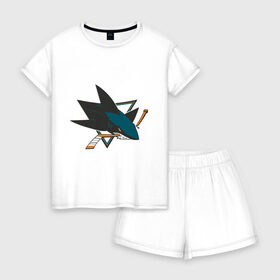 Женская пижама с шортиками хлопок с принтом San Jose Sharks в Санкт-Петербурге, 100% хлопок | футболка прямого кроя, шорты свободные с широкой мягкой резинкой | Тематика изображения на принте: национальная хоккейная лига | нхл | сан хосе шаркс