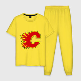 Мужская пижама хлопок с принтом Calgary Flames в Санкт-Петербурге, 100% хлопок | брюки и футболка прямого кроя, без карманов, на брюках мягкая резинка на поясе и по низу штанин
 | Тематика изображения на принте: calgary flames | nhl | гелери флеймс | нхл | хоккей | хоккейная лига