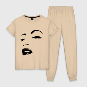 Женская пижама хлопок с принтом Лицо в Санкт-Петербурге, 100% хлопок | брюки и футболка прямого кроя, без карманов, на брюках мягкая резинка на поясе и по низу штанин | глаза | губы | девушка | лицо