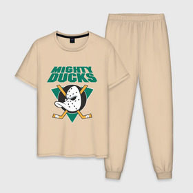 Мужская пижама хлопок с принтом Anaheim Mighty Ducks в Санкт-Петербурге, 100% хлопок | брюки и футболка прямого кроя, без карманов, на брюках мягкая резинка на поясе и по низу штанин
 | anaheim mighty ducks | майти дакс | национальная лига калифорнии | хокей | хоккей