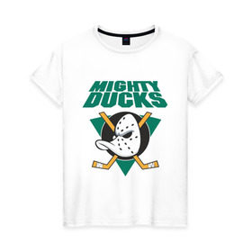 Женская футболка хлопок с принтом Anaheim Mighty Ducks в Санкт-Петербурге, 100% хлопок | прямой крой, круглый вырез горловины, длина до линии бедер, слегка спущенное плечо | anaheim mighty ducks | майти дакс | национальная лига калифорнии | хокей | хоккей