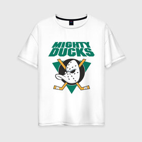 Женская футболка хлопок Oversize с принтом Anaheim Mighty Ducks в Санкт-Петербурге, 100% хлопок | свободный крой, круглый ворот, спущенный рукав, длина до линии бедер
 | anaheim mighty ducks | майти дакс | национальная лига калифорнии | хокей | хоккей