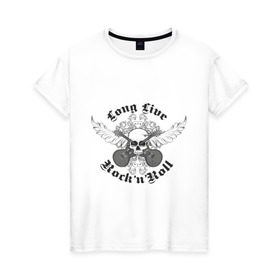 Женская футболка хлопок с принтом Long Live Rock`n`Roll в Санкт-Петербурге, 100% хлопок | прямой крой, круглый вырез горловины, длина до линии бедер, слегка спущенное плечо | rock | rocknroll | гитары | рок | рок н ролл | череп | черепок | черепушка