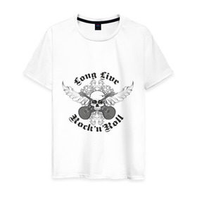 Мужская футболка хлопок с принтом Long Live Rock`n`Roll в Санкт-Петербурге, 100% хлопок | прямой крой, круглый вырез горловины, длина до линии бедер, слегка спущенное плечо. | rock | rocknroll | гитары | рок | рок н ролл | череп | черепок | черепушка