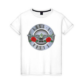 Женская футболка хлопок с принтом Guns`n`Roses в Санкт-Петербурге, 100% хлопок | прямой крой, круглый вырез горловины, длина до линии бедер, слегка спущенное плечо | guns | gunsnroses | metall | rock | roses | метал | металл | рок