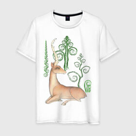 Мужская футболка хлопок с принтом Олень отдыхает в лесу в Санкт-Петербурге, 100% хлопок | прямой крой, круглый вырез горловины, длина до линии бедер, слегка спущенное плечо. | в лесу | животные | олень | олень в лесу | олень отдыхает в лесу | отдыхает