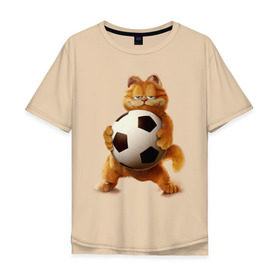 Мужская футболка хлопок Oversize с принтом Гарфилд (3) в Санкт-Петербурге, 100% хлопок | свободный крой, круглый ворот, “спинка” длиннее передней части | garfield | гарфилд | кот | коты | кошки | мульт | мультик | мульфильм | мяч | футбольный мяч