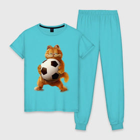 Женская пижама хлопок с принтом Гарфилд (3) в Санкт-Петербурге, 100% хлопок | брюки и футболка прямого кроя, без карманов, на брюках мягкая резинка на поясе и по низу штанин | garfield | гарфилд | кот | коты | кошки | мульт | мультик | мульфильм | мяч | футбольный мяч