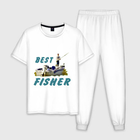 Мужская пижама хлопок с принтом Best fisher в Санкт-Петербурге, 100% хлопок | брюки и футболка прямого кроя, без карманов, на брюках мягкая резинка на поясе и по низу штанин
 | клев | лодка | лучший рыбак | на рыбалке | ноживка | рыбак в лодке | рыбалка | удочка | улов
