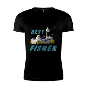 Мужская футболка премиум с принтом Best fisher в Санкт-Петербурге, 92% хлопок, 8% лайкра | приталенный силуэт, круглый вырез ворота, длина до линии бедра, короткий рукав | клев | лодка | лучший рыбак | на рыбалке | ноживка | рыбак в лодке | рыбалка | удочка | улов