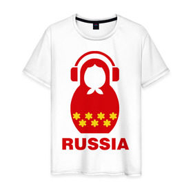 Мужская футболка хлопок с принтом Russia dj в Санкт-Петербурге, 100% хлопок | прямой крой, круглый вырез горловины, длина до линии бедер, слегка спущенное плечо. | Тематика изображения на принте: диджей | матрешка | наушники | россия