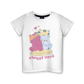 Детская футболка хлопок с принтом Sweer Love в Санкт-Петербурге, 100% хлопок | круглый вырез горловины, полуприлегающий силуэт, длина до линии бедер | sweer love | кошки | любовь | сердечки | сладкая любовь