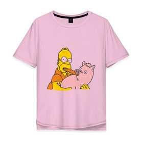 Мужская футболка хлопок Oversize с принтом Гомер и свинья в Санкт-Петербурге, 100% хлопок | свободный крой, круглый ворот, “спинка” длиннее передней части | гомер