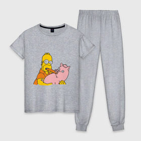 Женская пижама хлопок с принтом Гомер и свинья в Санкт-Петербурге, 100% хлопок | брюки и футболка прямого кроя, без карманов, на брюках мягкая резинка на поясе и по низу штанин | гомер