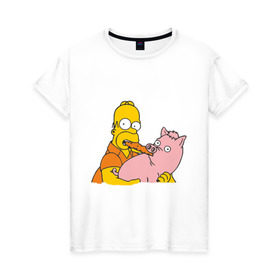 Женская футболка хлопок с принтом Гомер и свинья в Санкт-Петербурге, 100% хлопок | прямой крой, круглый вырез горловины, длина до линии бедер, слегка спущенное плечо | Тематика изображения на принте: гомер