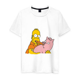 Мужская футболка хлопок с принтом Гомер и свинья в Санкт-Петербурге, 100% хлопок | прямой крой, круглый вырез горловины, длина до линии бедер, слегка спущенное плечо. | Тематика изображения на принте: гомер