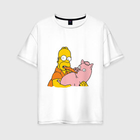 Женская футболка хлопок Oversize с принтом Гомер и свинья в Санкт-Петербурге, 100% хлопок | свободный крой, круглый ворот, спущенный рукав, длина до линии бедер
 | Тематика изображения на принте: гомер