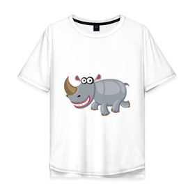 Мужская футболка хлопок Oversize с принтом Носорог smile в Санкт-Петербурге, 100% хлопок | свободный крой, круглый ворот, “спинка” длиннее передней части | веселый носорог | животные | носорог | улыбка