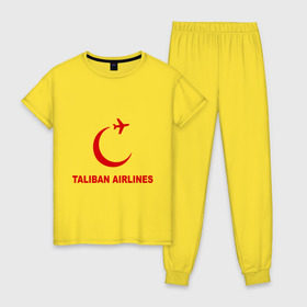Женская пижама хлопок с принтом Taliban airlines (2) в Санкт-Петербурге, 100% хлопок | брюки и футболка прямого кроя, без карманов, на брюках мягкая резинка на поясе и по низу штанин | airlines | taliban | авиалинии | полет | рейс | самолет | талибы