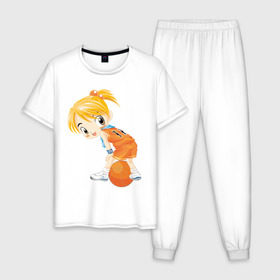Мужская пижама хлопок с принтом Баскетболистка в Санкт-Петербурге, 100% хлопок | брюки и футболка прямого кроя, без карманов, на брюках мягкая резинка на поясе и по низу штанин
 | баскетбольный мяч | девочка баскетболистка