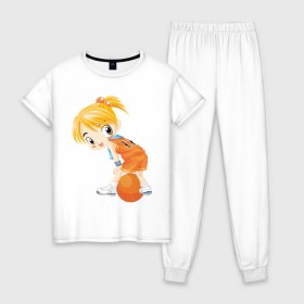 Женская пижама хлопок с принтом Баскетболистка в Санкт-Петербурге, 100% хлопок | брюки и футболка прямого кроя, без карманов, на брюках мягкая резинка на поясе и по низу штанин | баскетбольный мяч | девочка баскетболистка