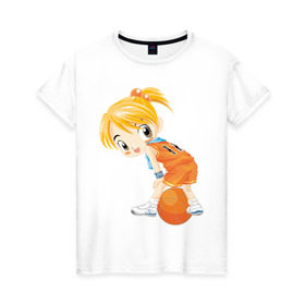 Женская футболка хлопок с принтом Баскетболистка в Санкт-Петербурге, 100% хлопок | прямой крой, круглый вырез горловины, длина до линии бедер, слегка спущенное плечо | баскетбольный мяч | девочка баскетболистка