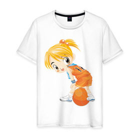 Мужская футболка хлопок с принтом Баскетболистка в Санкт-Петербурге, 100% хлопок | прямой крой, круглый вырез горловины, длина до линии бедер, слегка спущенное плечо. | баскетбольный мяч | девочка баскетболистка