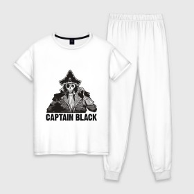 Женская пижама хлопок с принтом Captain Black в Санкт-Петербурге, 100% хлопок | брюки и футболка прямого кроя, без карманов, на брюках мягкая резинка на поясе и по низу штанин | Тематика изображения на принте: пират | скелет