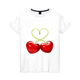 Женская футболка хлопок с принтом Chery love в Санкт-Петербурге, 100% хлопок | прямой крой, круглый вырез горловины, длина до линии бедер, слегка спущенное плечо | Тематика изображения на принте: cherry | chery | love | вишенки | вишня | любовь