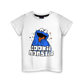 Детская футболка хлопок с принтом Cookie monster ест печеньку в Санкт-Петербурге, 100% хлопок | круглый вырез горловины, полуприлегающий силуэт, длина до линии бедер | cookie monster | куки монстр | улица сезам
