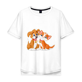 Мужская футболка хлопок Oversize с принтом Щенок и котёнок в Санкт-Петербурге, 100% хлопок | свободный крой, круглый ворот, “спинка” длиннее передней части | кот | котенок | котик | пес | щенок