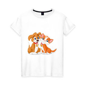 Женская футболка хлопок с принтом Щенок и котёнок в Санкт-Петербурге, 100% хлопок | прямой крой, круглый вырез горловины, длина до линии бедер, слегка спущенное плечо | кот | котенок | котик | пес | щенок