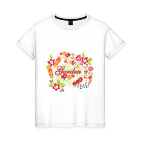Женская футболка хлопок с принтом Garden style (3) в Санкт-Петербурге, 100% хлопок | прямой крой, круглый вырез горловины, длина до линии бедер, слегка спущенное плечо | 
