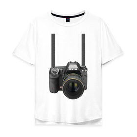 Мужская футболка хлопок Oversize с принтом Фотоаппарат на шее в Санкт-Петербурге, 100% хлопок | свободный крой, круглый ворот, “спинка” длиннее передней части | прикольные | рисунок | турист | фотоаппарат