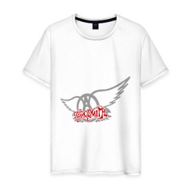 Мужская футболка хлопок с принтом Aerosmith с крыльями в Санкт-Петербурге, 100% хлопок | прямой крой, круглый вырез горловины, длина до линии бедер, слегка спущенное плечо. | aerosmith | rock | крылья ангела | рок