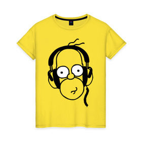 Женская футболка хлопок с принтом Гомер и музыка в Санкт-Петербурге, 100% хлопок | прямой крой, круглый вырез горловины, длина до линии бедер, слегка спущенное плечо | гомер