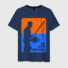 Мужская футболка хлопок с принтом Счастливый рыбак в Санкт-Петербурге, 100% хлопок | прямой крой, круглый вырез горловины, длина до линии бедер, слегка спущенное плечо. | Тематика изображения на принте: fishenman | happy | рыба | рыбалка | счастье