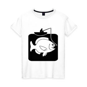 Женская футболка хлопок с принтом Рыбак и большая рыба в Санкт-Петербурге, 100% хлопок | прямой крой, круглый вырез горловины, длина до линии бедер, слегка спущенное плечо | лодка | прикольные | рисунок | рыба | рыбак | рыбалка