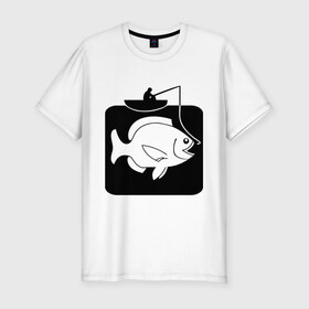 Мужская футболка премиум с принтом Рыбак и большая рыба в Санкт-Петербурге, 92% хлопок, 8% лайкра | приталенный силуэт, круглый вырез ворота, длина до линии бедра, короткий рукав | лодка | прикольные | рисунок | рыба | рыбак | рыбалка
