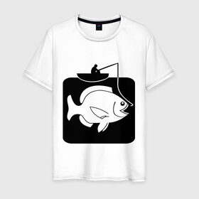 Мужская футболка хлопок с принтом Рыбак и большая рыба в Санкт-Петербурге, 100% хлопок | прямой крой, круглый вырез горловины, длина до линии бедер, слегка спущенное плечо. | лодка | прикольные | рисунок | рыба | рыбак | рыбалка
