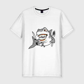 Мужская футболка премиум с принтом Акула решила пообедать в Санкт-Петербурге, 92% хлопок, 8% лайкра | приталенный силуэт, круглый вырез ворота, длина до линии бедра, короткий рукав | Тематика изображения на принте: акула | животные | обед | хищник