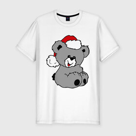 Мужская футболка премиум с принтом Милый медведь в шапочке в Санкт-Петербурге, 92% хлопок, 8% лайкра | приталенный силуэт, круглый вырез ворота, длина до линии бедра, короткий рукав | медвежонок | медеведь | мишка | мишутка | шапка | шапочка