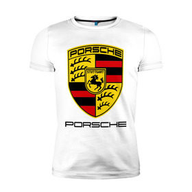Мужская футболка премиум с принтом Porsche (2) в Санкт-Петербурге, 92% хлопок, 8% лайкра | приталенный силуэт, круглый вырез ворота, длина до линии бедра, короткий рукав | porsche | авто2012 | логотип порше | порш | порше | поршель | символ порше