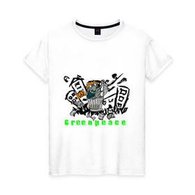 Женская футболка хлопок с принтом Greenpeace (2) в Санкт-Петербурге, 100% хлопок | прямой крой, круглый вырез горловины, длина до линии бедер, слегка спущенное плечо | greenpeace | город | гринпис | загрязнение планеты | зеленый мир | мусор | планета замля