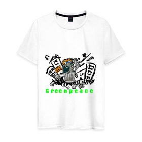 Мужская футболка хлопок с принтом Greenpeace (2) в Санкт-Петербурге, 100% хлопок | прямой крой, круглый вырез горловины, длина до линии бедер, слегка спущенное плечо. | Тематика изображения на принте: greenpeace | город | гринпис | загрязнение планеты | зеленый мир | мусор | планета замля
